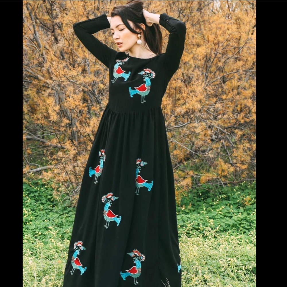 NWT Pepaloves Black Embroidered Bird Maxi Dress